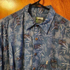 Men's Large Hawaiian Moon Blue Floral Short Sleeve Button Down Shirt